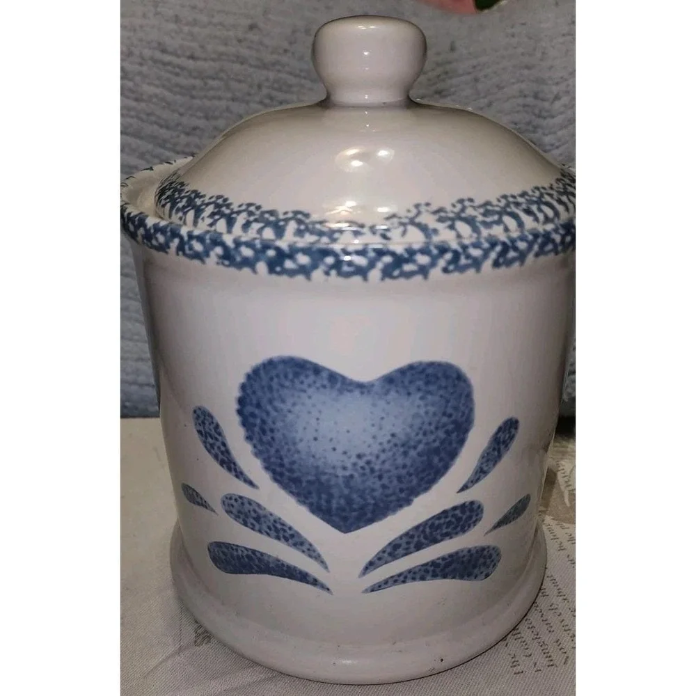 Vintage Blue Heart Spongeware 9 inch Canister Farmhouse House Lloyd Cottagecore